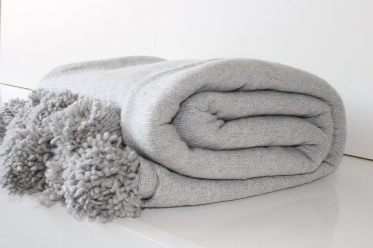 Moroccan wool grey with white strips Pom Pom Blanket + 2 Cushion covers - Image 2