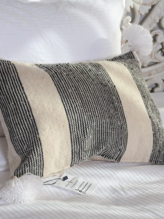 Moroccan PomPom Pillow – Creamy with Large Grey Stripe