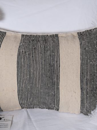 Moroccan PomPom Pillow – Creamy with Large Grey Stripe