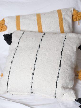 White Moroccan Pillow with Strips and PomPom