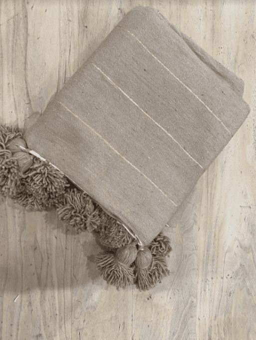 Moroccan wool grey with white strips Pom Pom Blanket + 2 Cushion covers